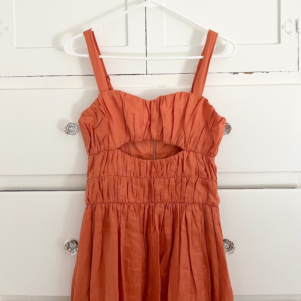 Mon Renn Papaya Linen Midi Dress Cutout Smocked Strappy Slit Size 8 - Picture 5 of 10